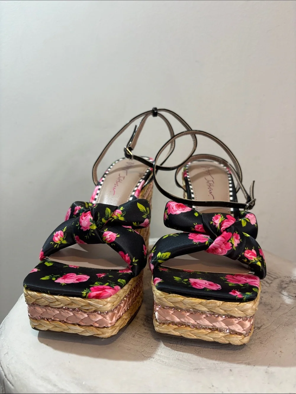 Betsey Johnson Rhinestone Bedazzled Floral “Pansie” Braided Raffia Wedge Sandals